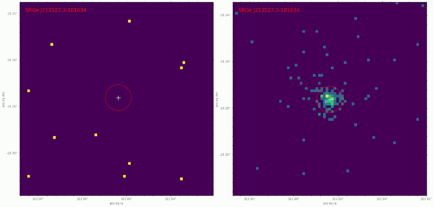 Рентгеновские изображения участка неба размером 5х5 угловых минут в диапазоне 0.3-2.2 кэВ, полученные телескопом СРГ/еРОЗИТА в первом (слева) и во втором (справа) обзоре неба. Каждая светлая точка изображает один (или более) рентгеновский фотон. В первом обзоре из окрестности источника не зарегистрировано ни одного фотона, во втором обзоре — более ста рентгеновских фотонов